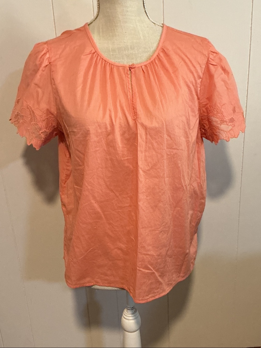 Liz Claiborne Coral Lace-Trim Short Sleeve Blouse